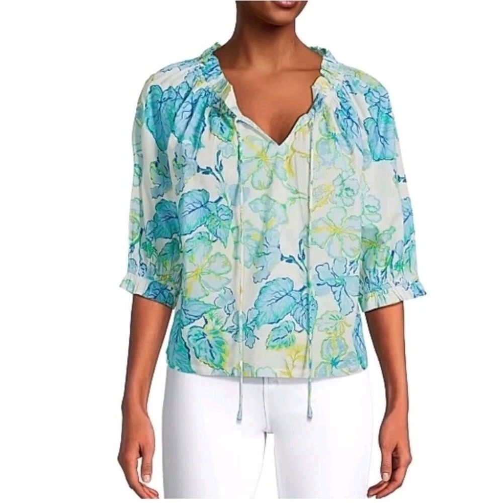 Ros Garden Womens Blue Green Tropical Floral Cotton Tie Neck Blouse Size M